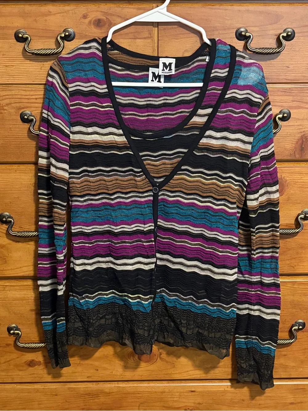 M by Missoni Striped V-Neck Cardigan with Matching Tank in Black, Purple, Teal